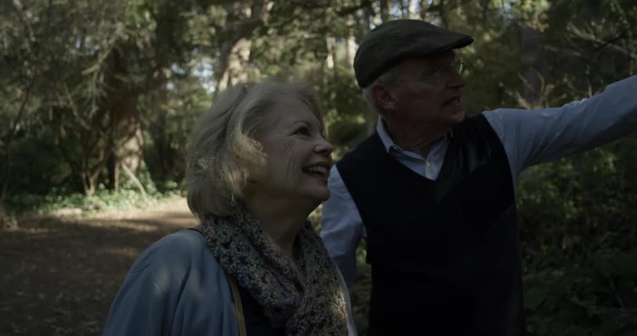 An elderly couple walk through the woods on a trail and point out various things on a sunny day