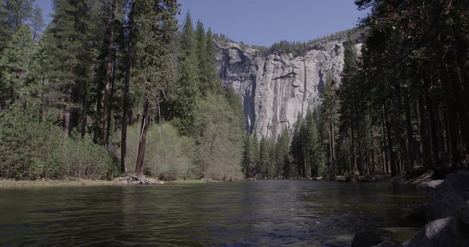 River flows past trees and mountain range