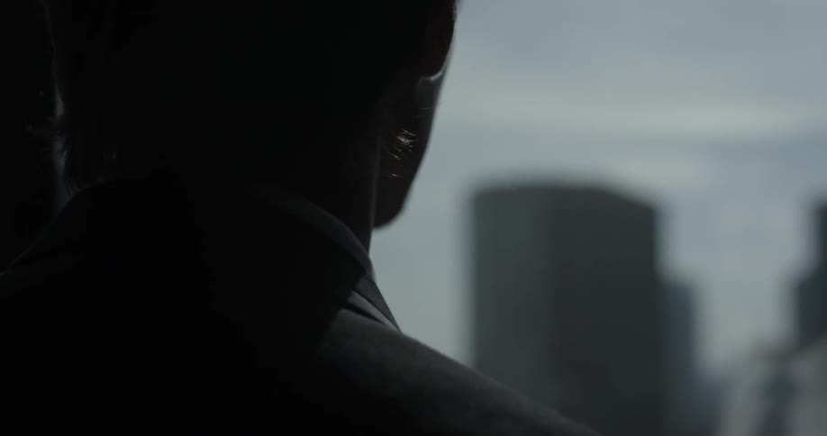A man stares at a cities skyline as he stands looking out a window