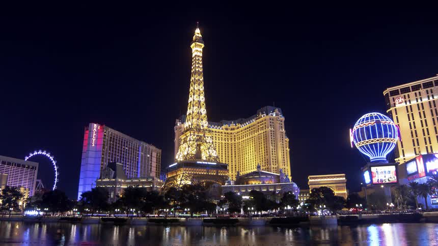 Nighttime view of paris las vegas and surrounding casinos