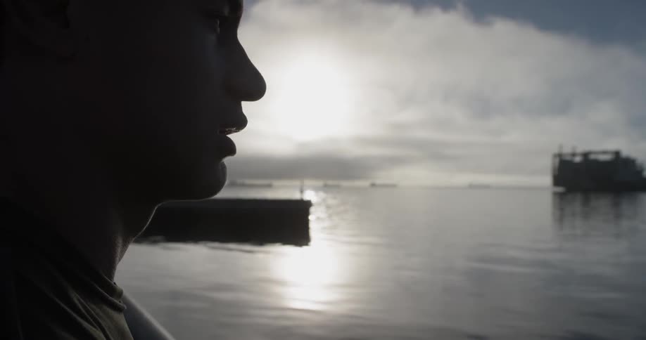 A man walking up to a railing next to a pier