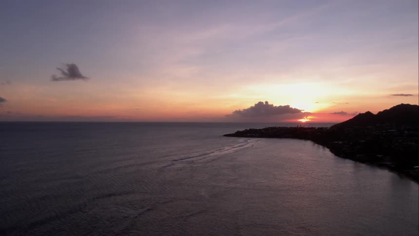 Aerial shot over the ocean to the sunset
