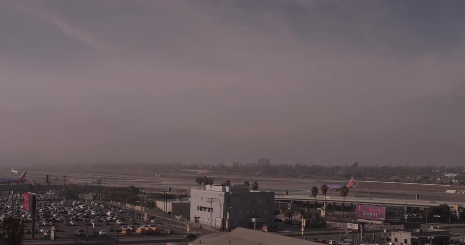 Airport runways at dawn on a cloudy day