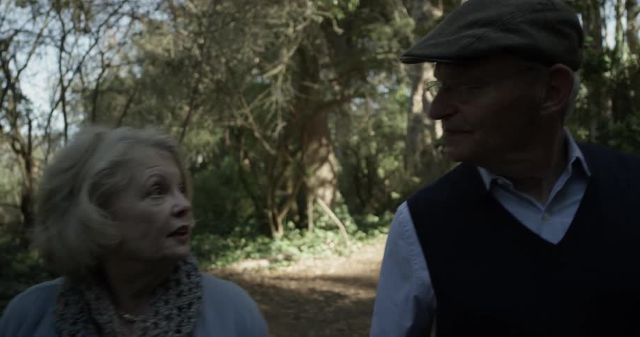 An elderly couple walks in the woods