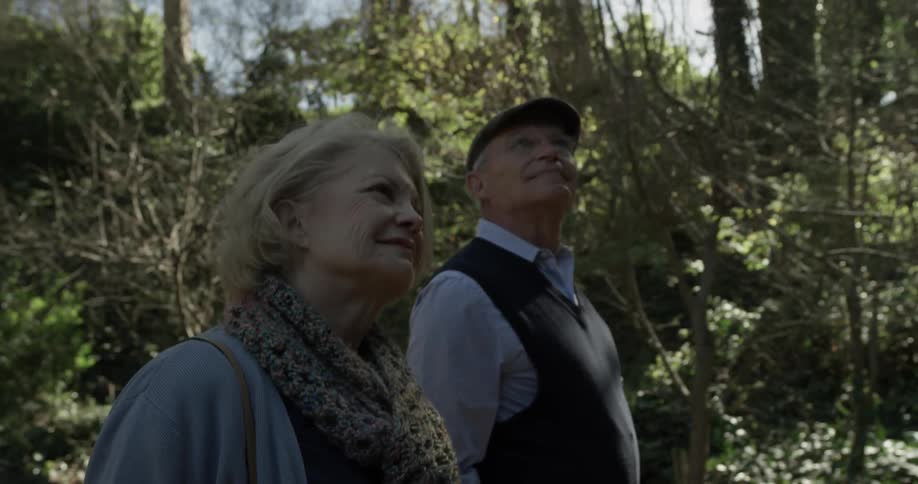 A man walks through the park with his wife staring at the birds and plants or fauna on a sunny day