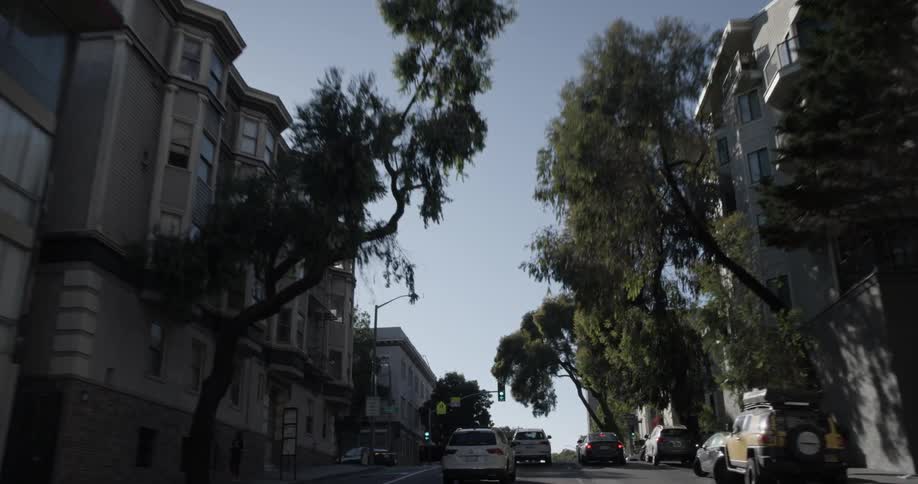 A street with apartment houses rolls by with trees on either side