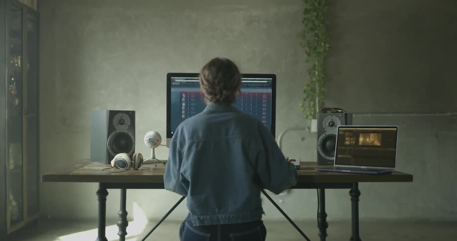 A woman is sitting at a computer desk messing around and scrolling through forums on the monitor or laptop with speakers and bright sunlight