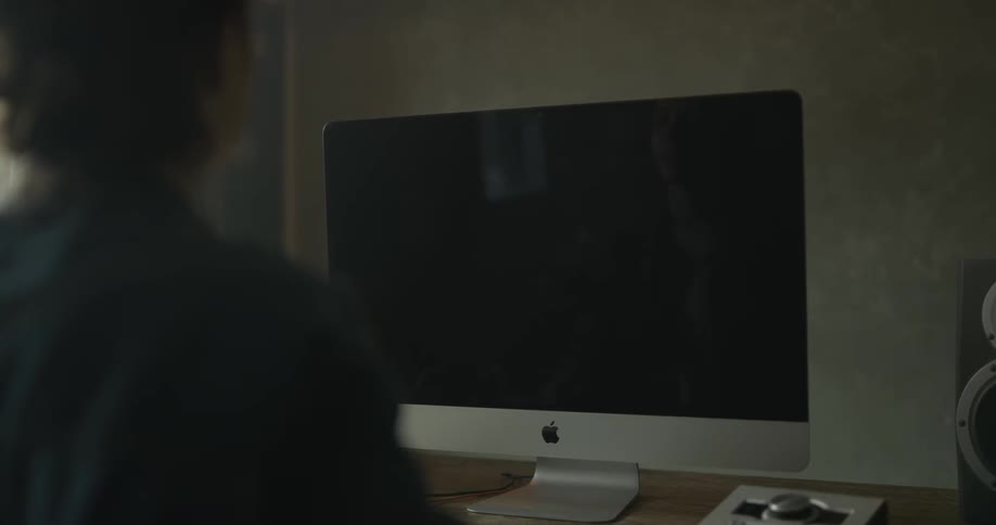 A woman sits in front of her desktop