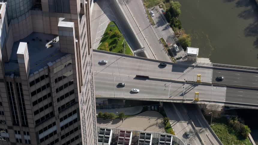 Overhead view of a busy city bridge