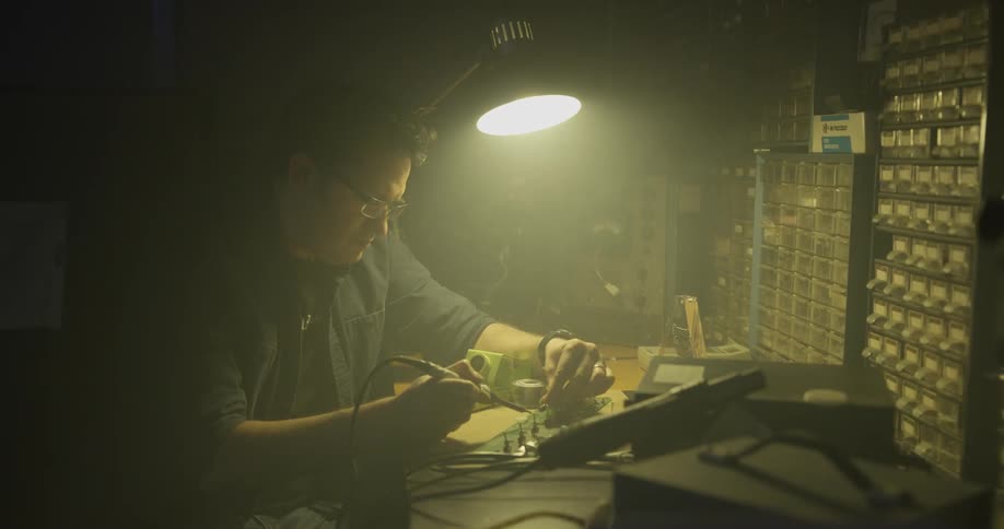 Man solders at a desk under light of desk lamp