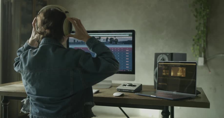 A woman looking at a computer screen, puts on headphones