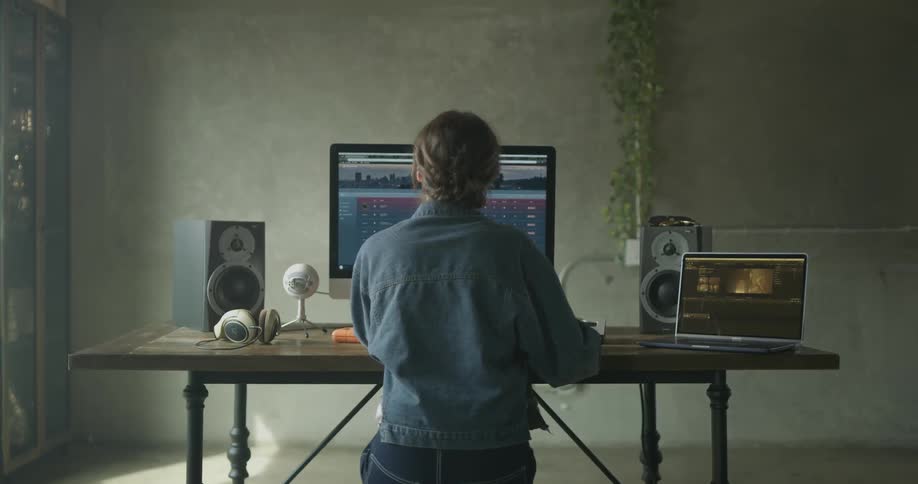 Woman looks over data on monitor screen and laptop