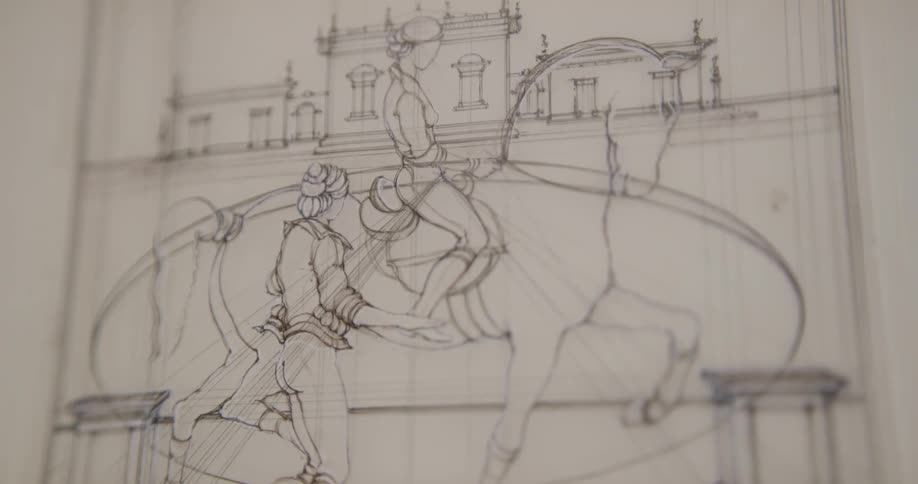 A drawing of someone riding a horse with a friend walking next to them