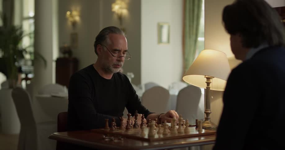 Two men sit at a chess table