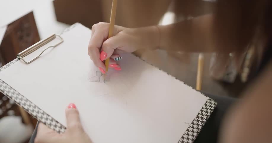 A woman is drawing on a piece of paper