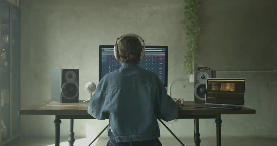 Person puts on headphones and works on computer at table