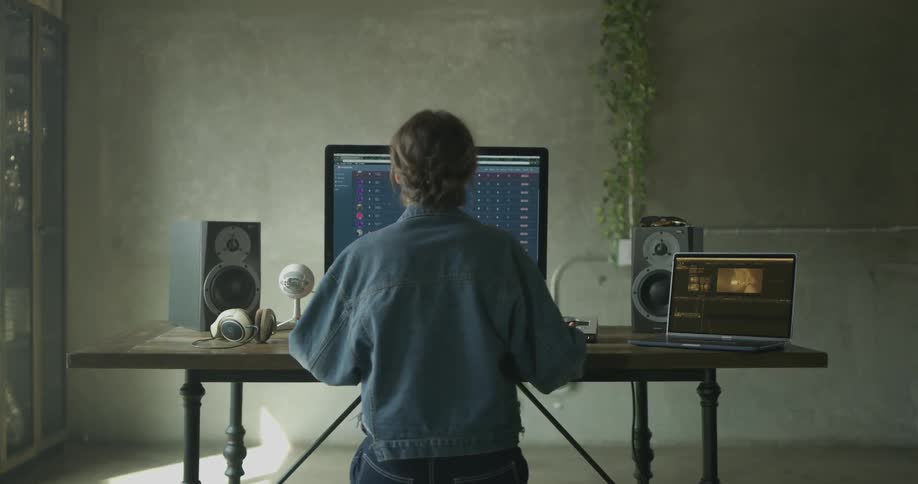 A woman sits and works on her computer and laptop