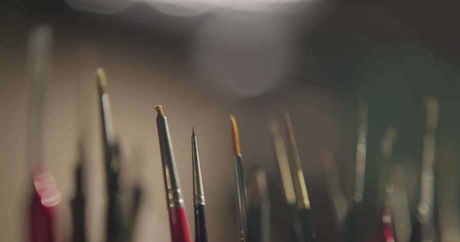 There is many different colored paint brushes