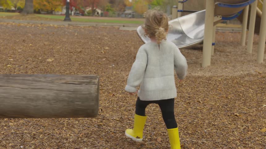 Child in yellow boots running through a playground