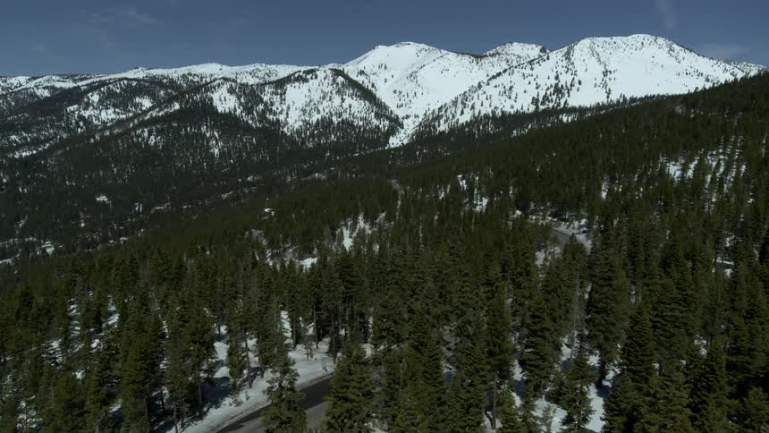 The mountains are covered with trees and snow