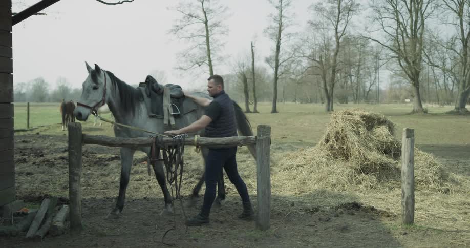 A man is putting a saddle on a horse