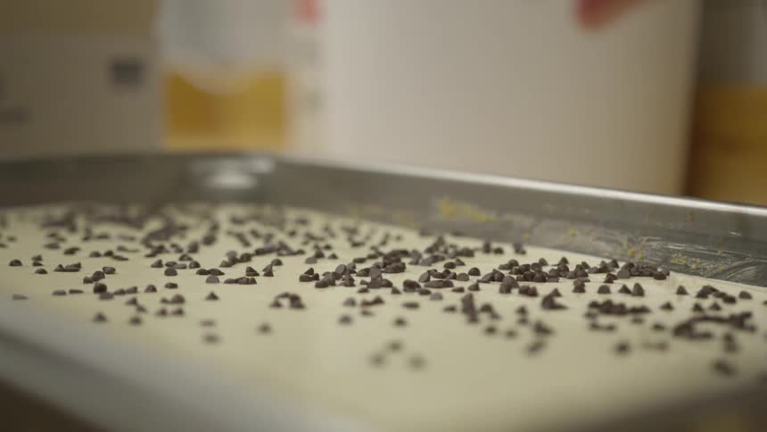 Chocolates being sprinkled on a pastry