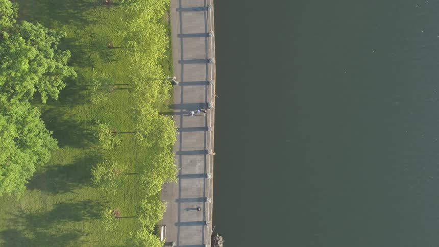People jog along paved path between trees and water