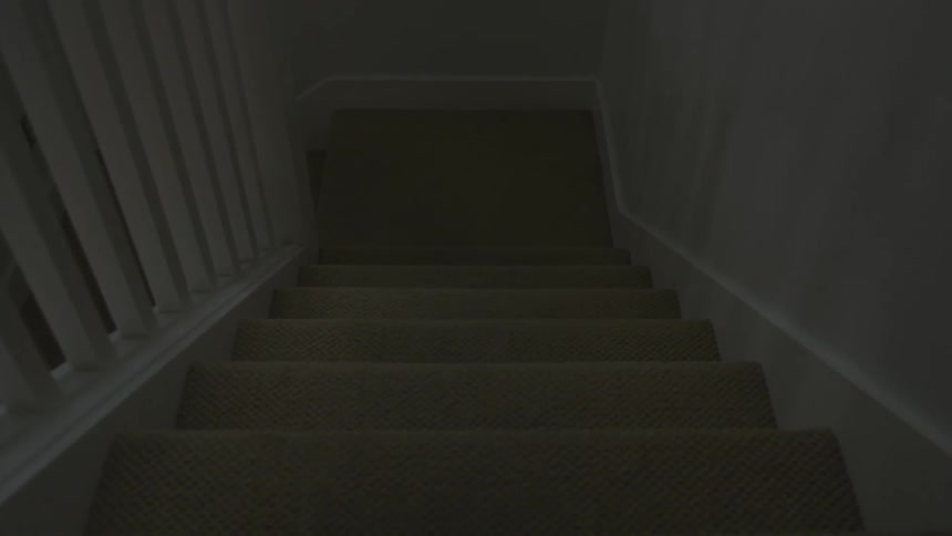 Stairs lead down to a landing with more stairs going down to the left