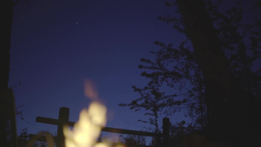 Campfire flames flicker at night