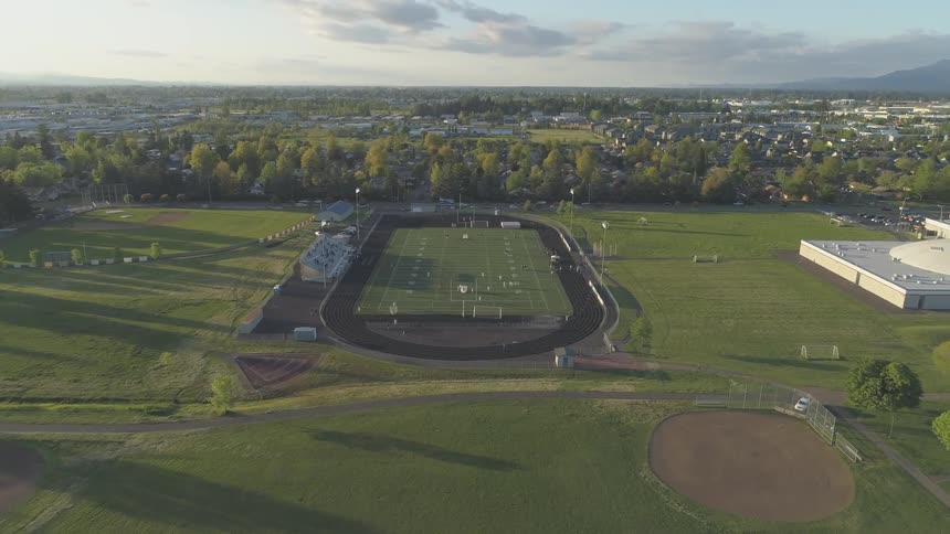 Large field surrounded by a track and trees