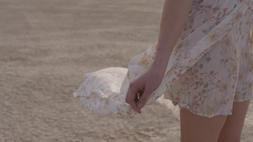 A woman in a dress standing on a field of dried grass