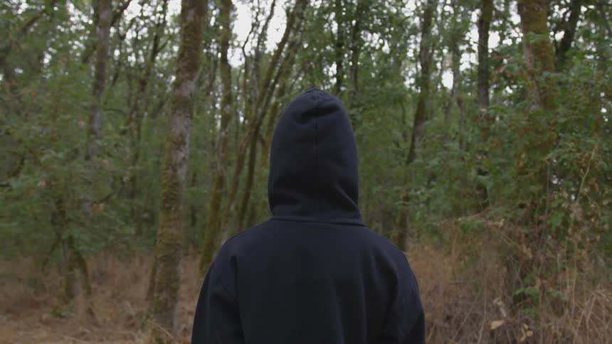 Man in hoodie stands before trees