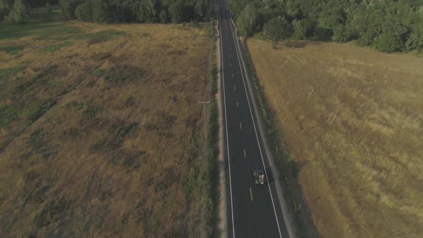 Car drives along a paved road traveling between plains and trees