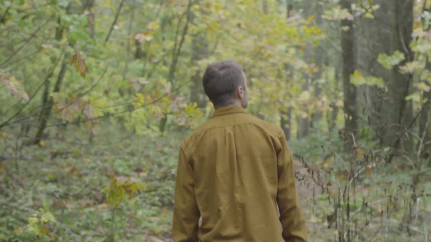 A man walks on a trail in the woods
