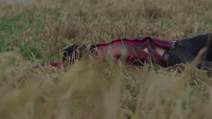 A person laying down in a grass field