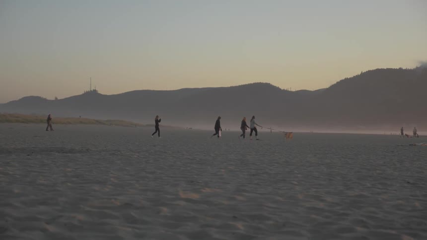 People walk across sand with dog with hills in the background