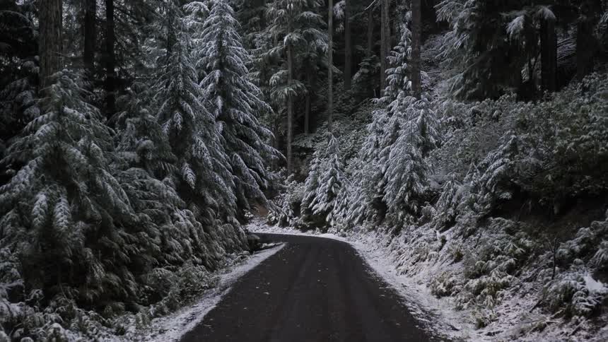A vehicle moving up a snowy road