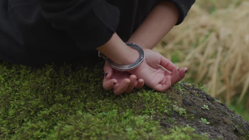 A person with their hands behind their back in handcuffs