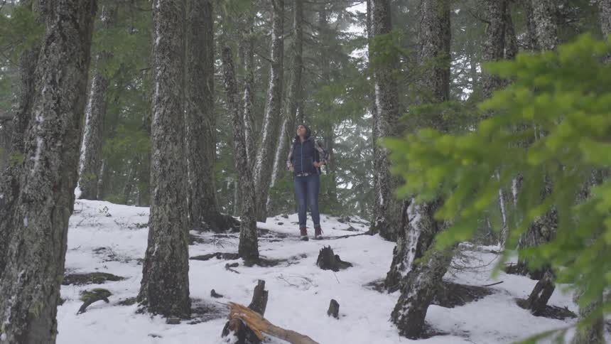 Woman stands in snowy forest