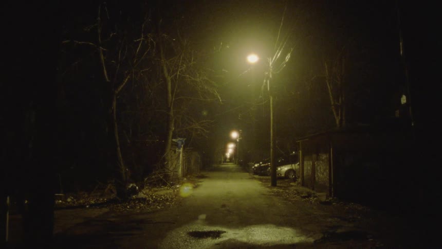 Road in small town at night