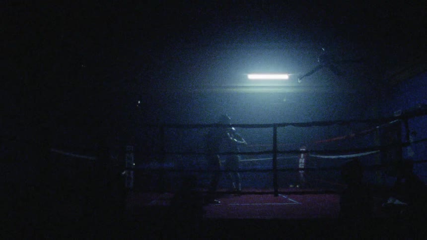 Two people fighting in a ring under flashing lights