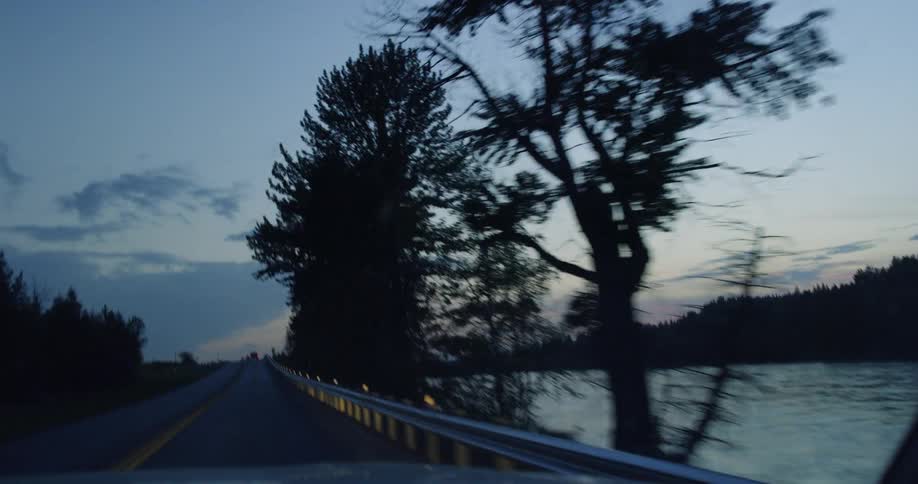 The vehicle travels over the road near the lake
