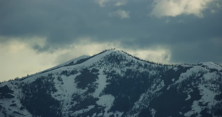 The mountain is tall and covered with trees and snow