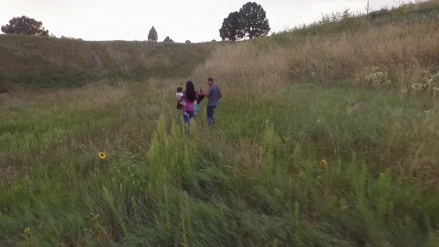 A family walking in a grassy field