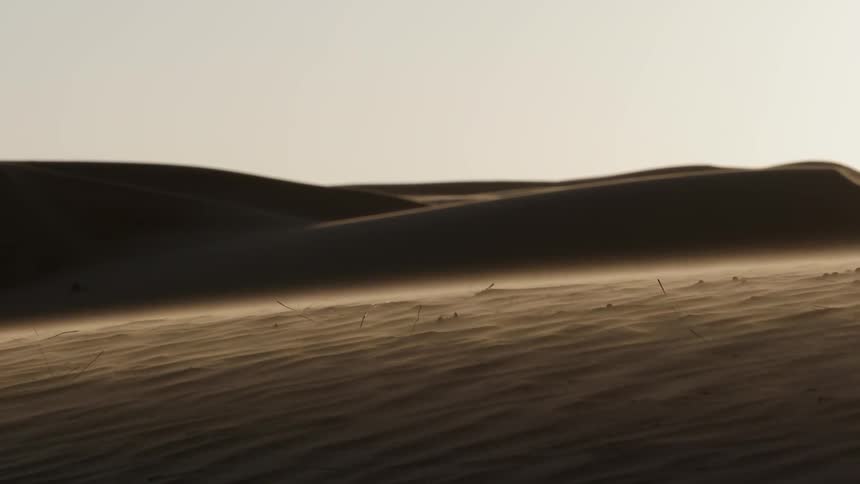 Windy conditions move sand over desert floor at sunset