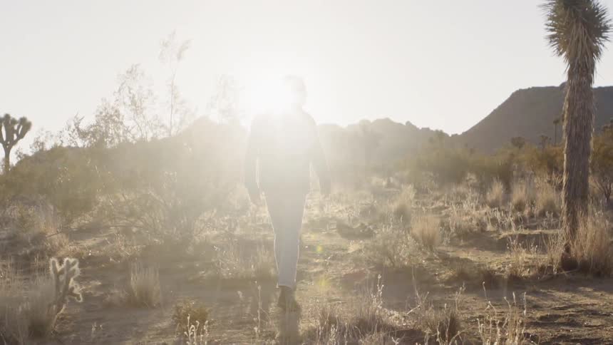 A person walks into a blinding sun in the desert