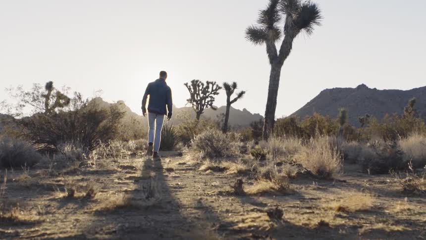 A man walking along in the sunny desert