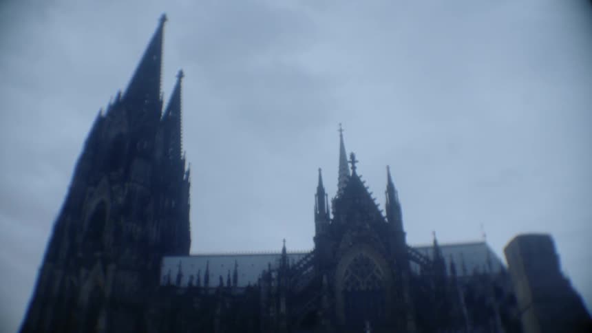 A cathedral reaches up to the sky