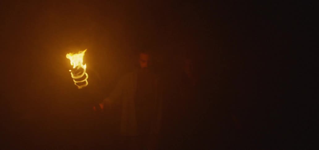 Couple Walking Through Woods Carrying A Torch