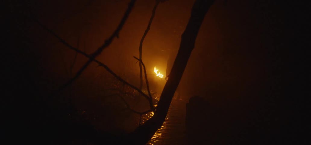 A couple walking on a shallow river with a torch at night